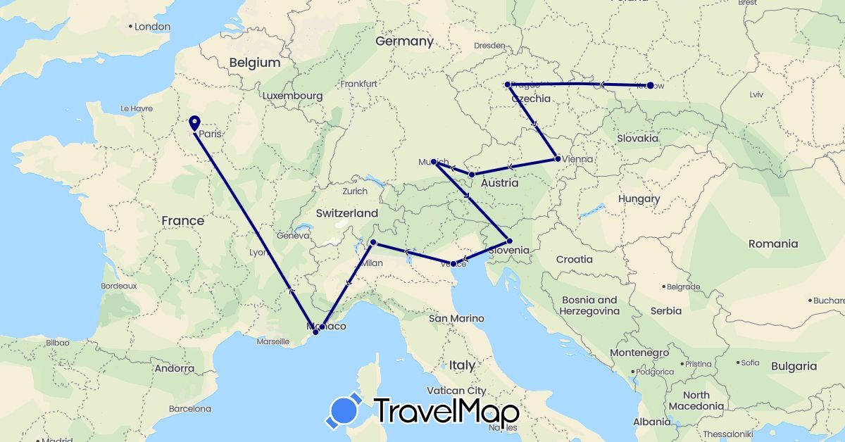 TravelMap itinerary: driving in Austria, Czech Republic, Germany, France, Italy, Poland, Slovenia (Europe)